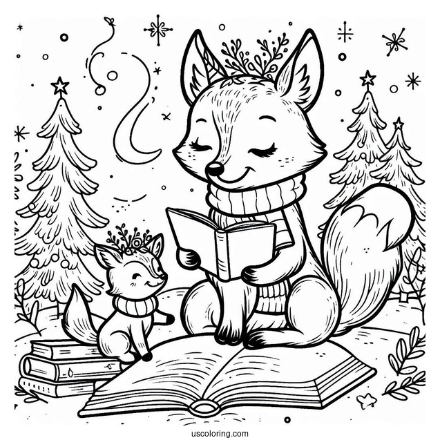 Mama Fox Coloring Page Reading To Baby Fox In Winter Christmas