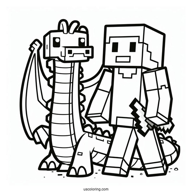 Minecraft Steve With Dragon Coloring Page For Kids