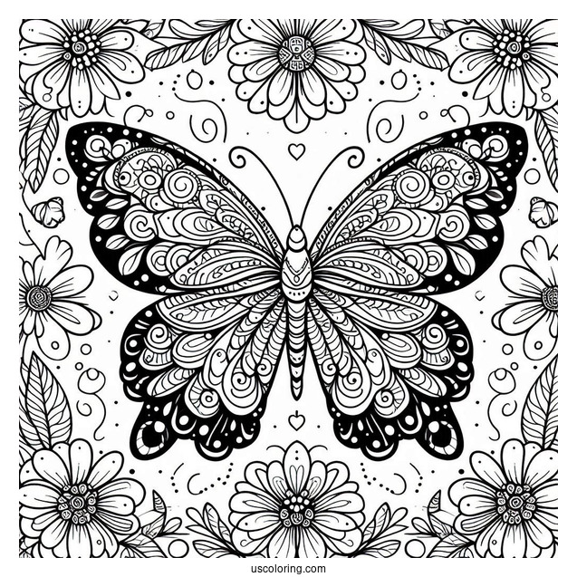 Grand Butterfly Coloring Page Mandala Surrounded By Flowers