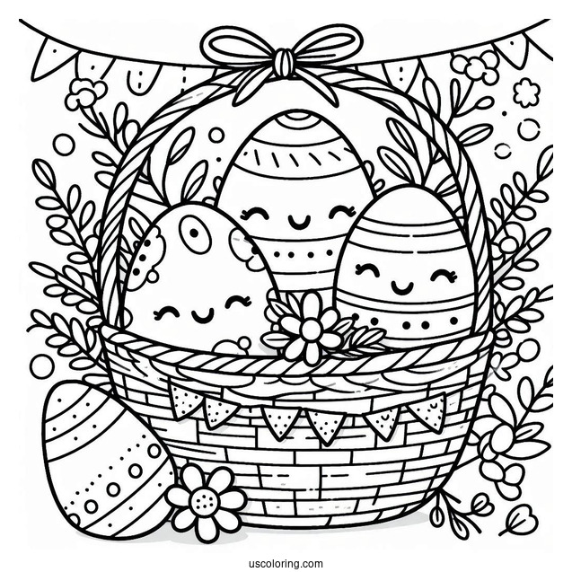 Happy Easter Coloring Page With Eggs In A Basket For Preschoolers