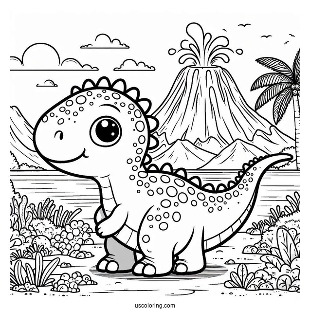 Cute Saltasaurus Dinosaur Coloring Page Of With Volcano In The Background