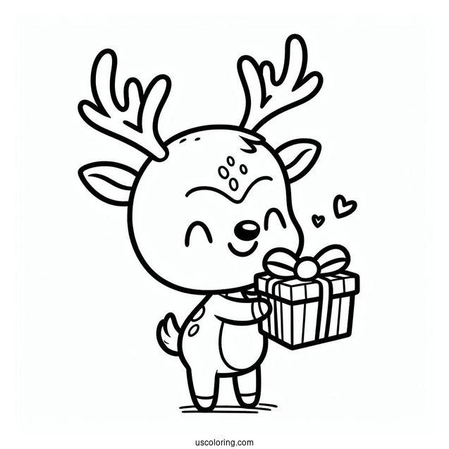 Happy Reindeer Holding a Christmas Gift To Color