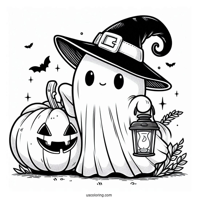 Ghost Pumpkin Coloring Page With Cape And Witch Hat Holding A Lantern