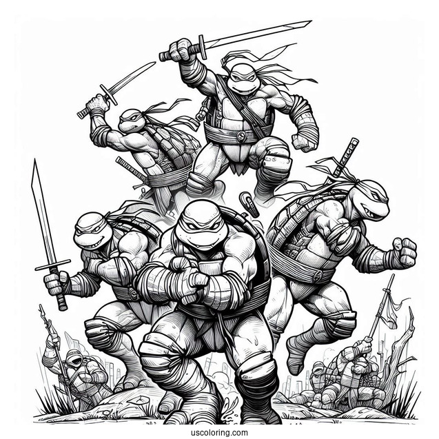 Ninja Turtles Coloring Page Of Raphael, Donatello, Michelangelo, And Leonardo Charging At Enemy
