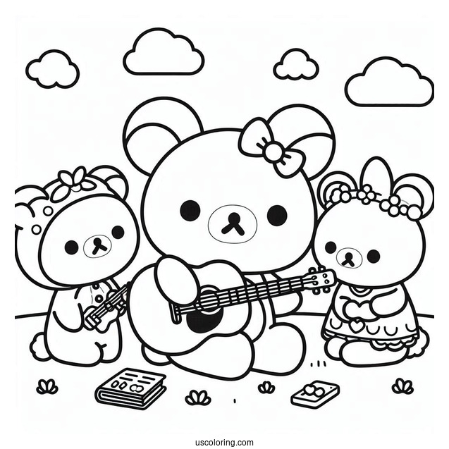 Rilakkuma Coloring Page Playing Guitar While Korilakkuma And Kiiroitori Listen For Kids