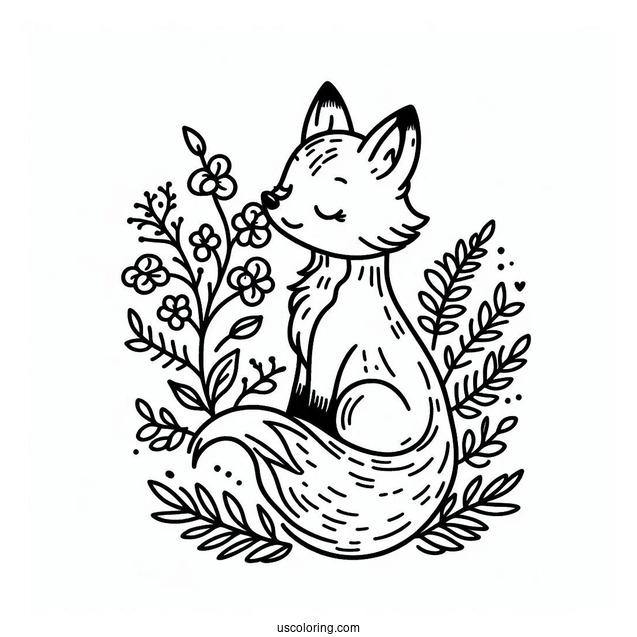 Beautiful Fox Coloring Page Smelling Flowers