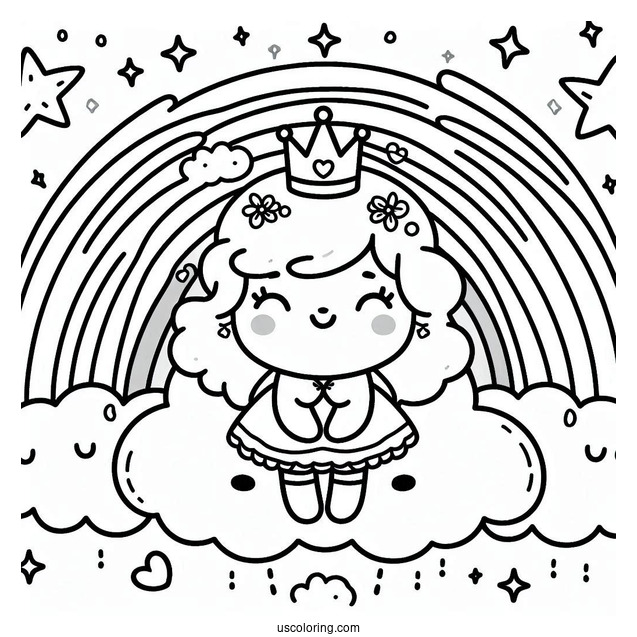 Happy Cloud Princess With Crown Coloring Page Under Rainbow and Stars