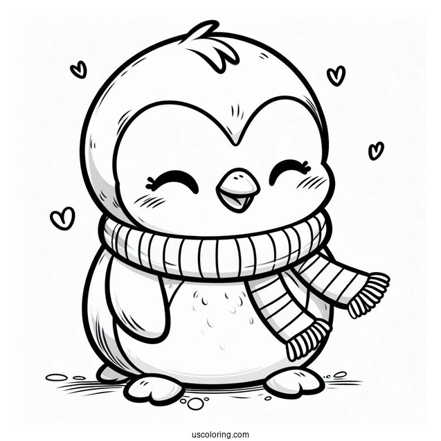 Happy Little Penguin Wearing Scarf Coloring In