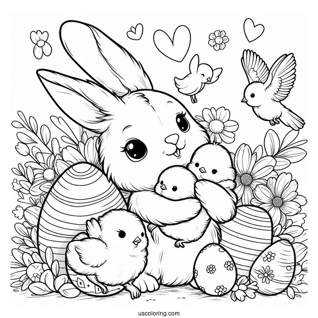 Easter Coloring Page Of Bunny Holding Chicks