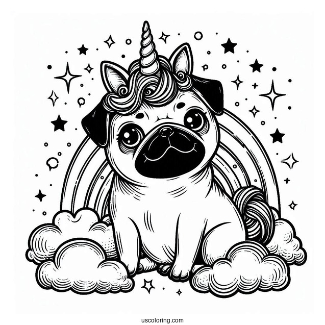 Pug Wearing a Unicorn Horn To Color