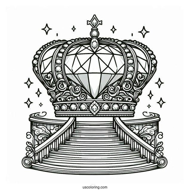 Royal Crown Coloring Page With Large Diamond Displayed on a Grand Staircase