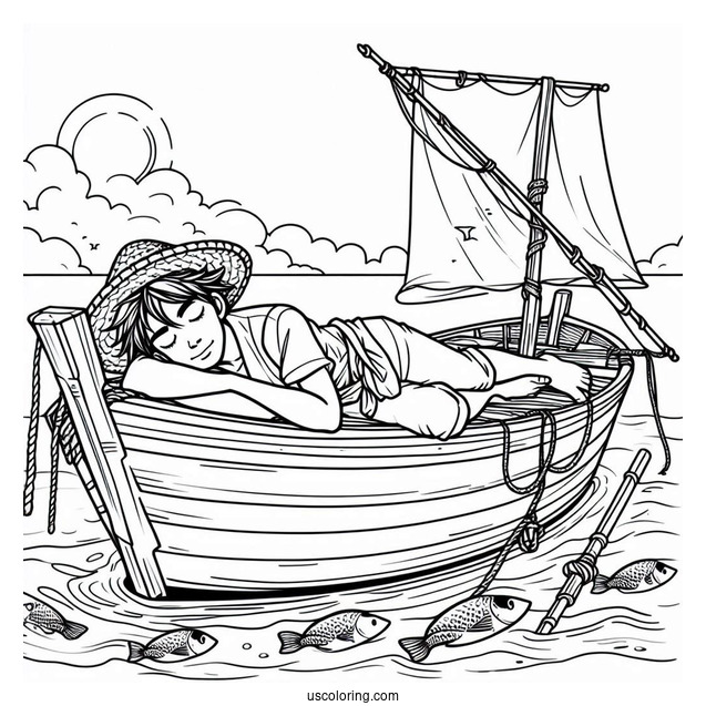 Man Sleeping On A Boat While Fishing Coloring Page In The Sea