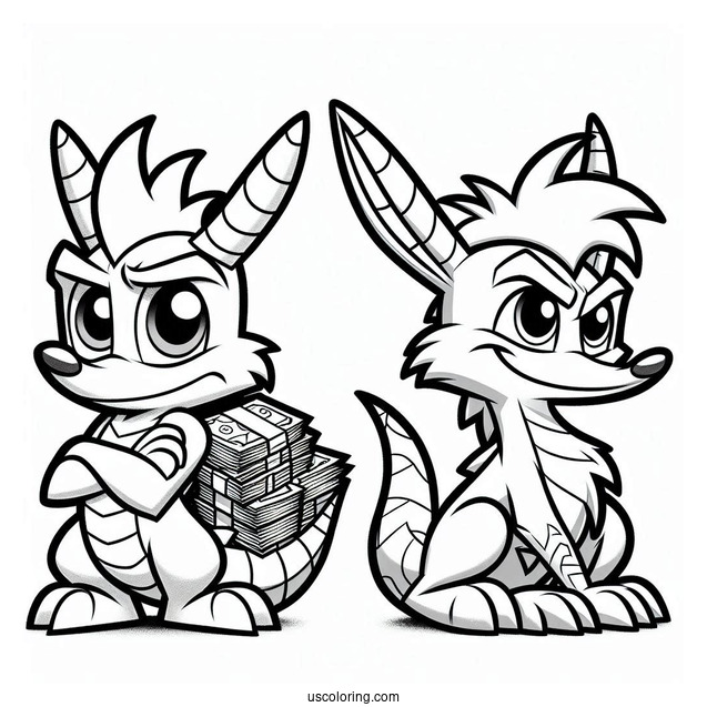 Cash Bandicoot Side By Side With Sypro Coloring Page