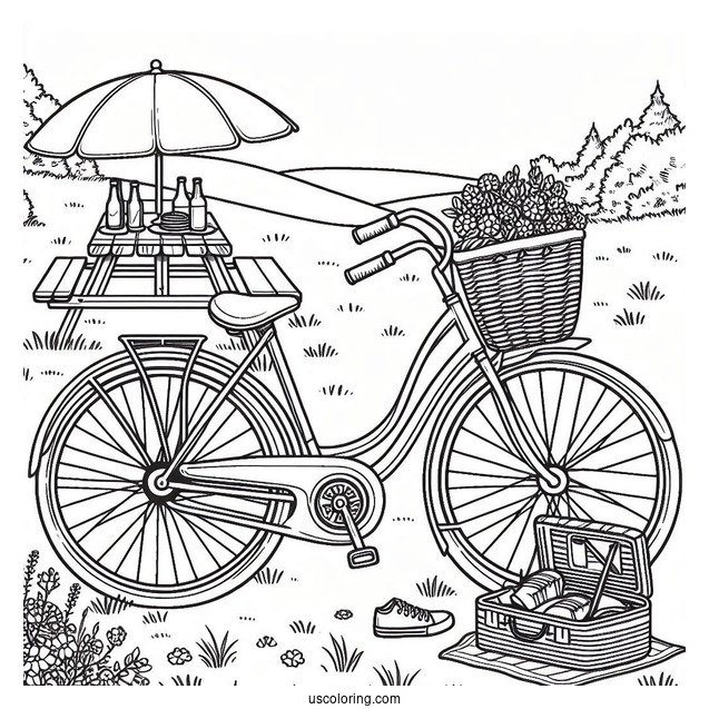 Adult Bicycle Coloring Page Parked Beside Picnic Mat