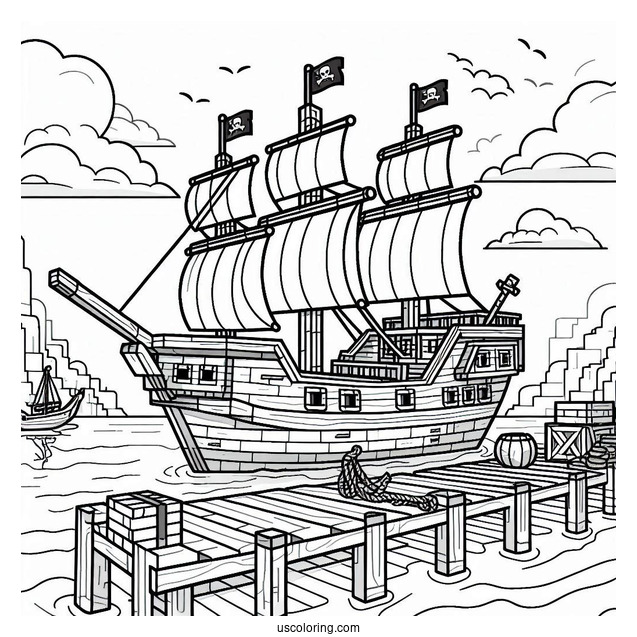 Minecraft Pirate Ship Coloring Page Docked At The Port
