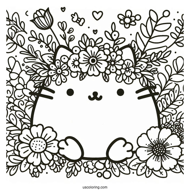 Floral Themed Pusheen Coloring Page For Adults