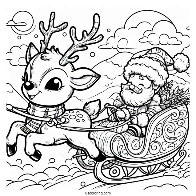 Rudolph Coloring Page Pulling Santa s Sleigh For Kids