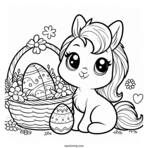 Easter Bunny With A Basket Of Easter Coloring Page Of Eggs Next To A Pony For Kids