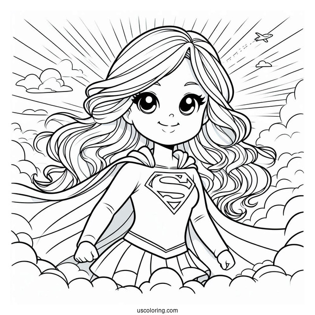 Cartoon Supergirl Coloring Page In The Sky For Kids