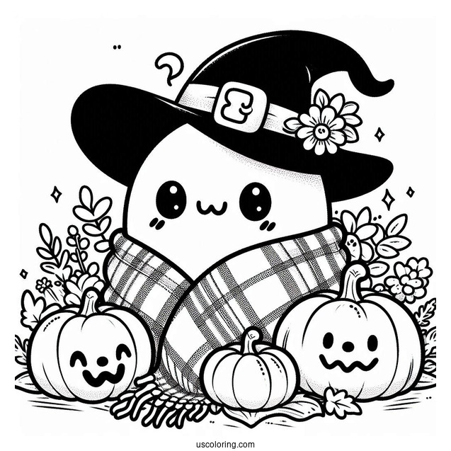 Pumpkin Coloring Page Kawaii Blanket Ghost With Witch Hat, Flowers, And Pumpkin