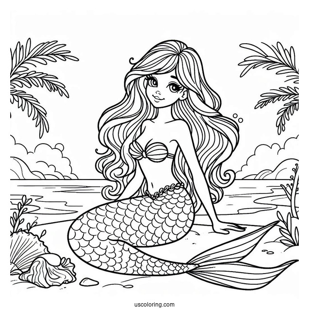 Mermaid Sitting On The Beach Coloring Sheet For Kids