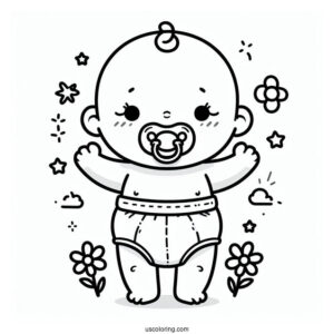 Simple Baby Coloring Page In A Diaper Wearing A Pacifier For Kids