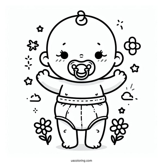 Simple Baby Coloring Page In A Diaper Wearing A Pacifier For Kids