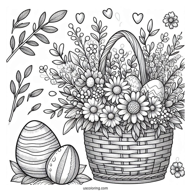 Easter Coloring Page Of Floral Happy Easter Basket With Eggs