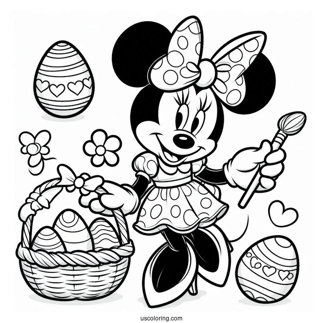 Minnie Mouse In Easter Bunny Coloring Page Costume Holding Basket With Eggs