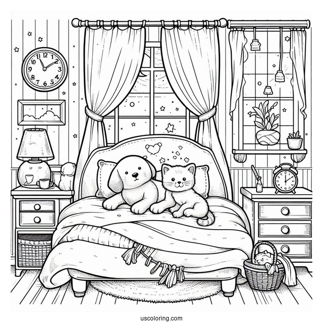 Bedroom Coloring Page Of Dog And Cat Resting On A Bed For Kids