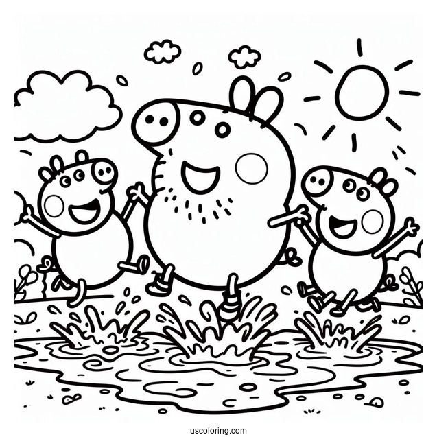 Peppa Pig Family Jumping In Mud Coloring Page