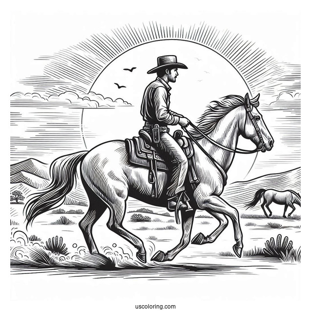Realistic Cowboy Coloring Page Riding A Horse With The Sun Behind Them