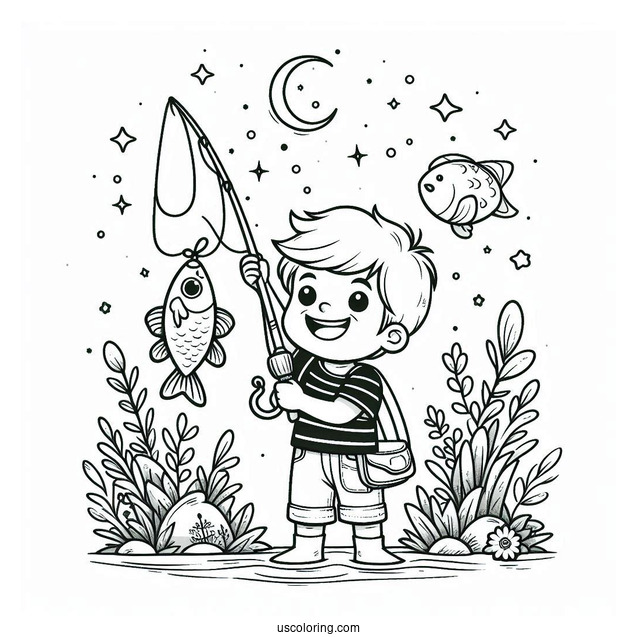 Fishing Coloring Page Of Boy Holding Up Fish With A Hook For Preschoolers