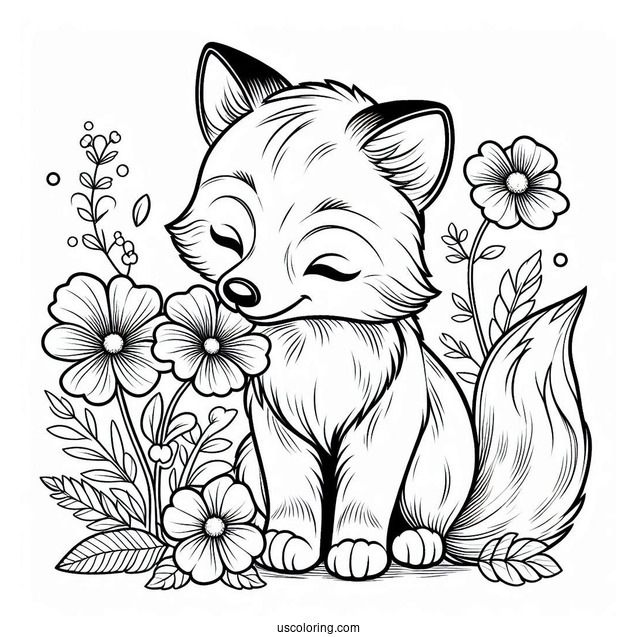 Beautiful Fox Coloring Page Smelling Flowers