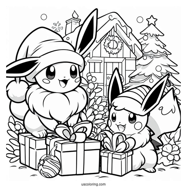 Pokemon Christmas Coloring Page Christmas Eevee And Pikachu Opening Presents
