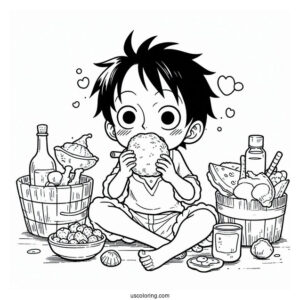 Luffy Coloring Page Eating And Drinking With Nami