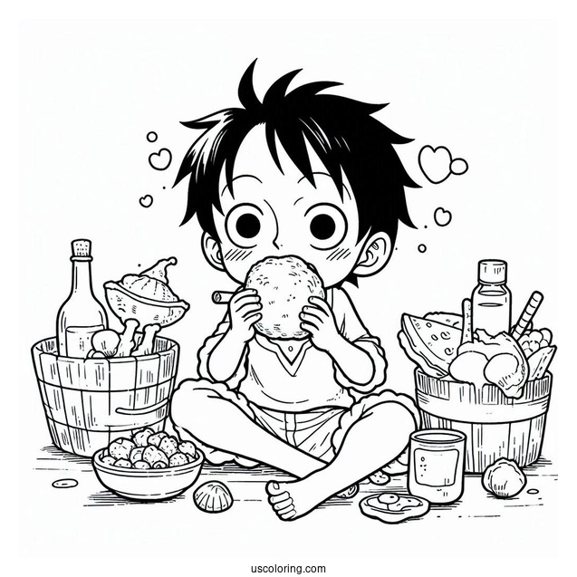 Luffy Coloring Page Eating And Drinking With Nami