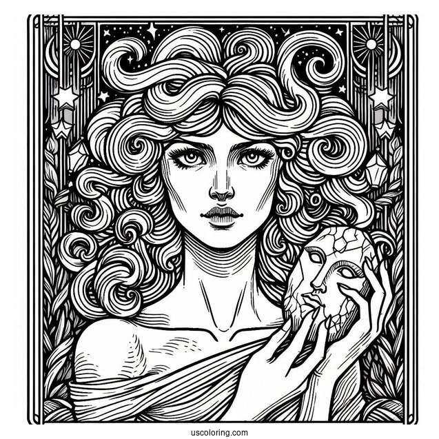 Medusa Coloring Page Holding Stone Head Tarot Card