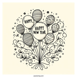 Balloons In The Middle Of Happy New Year Coloring Page Of Words For Kids