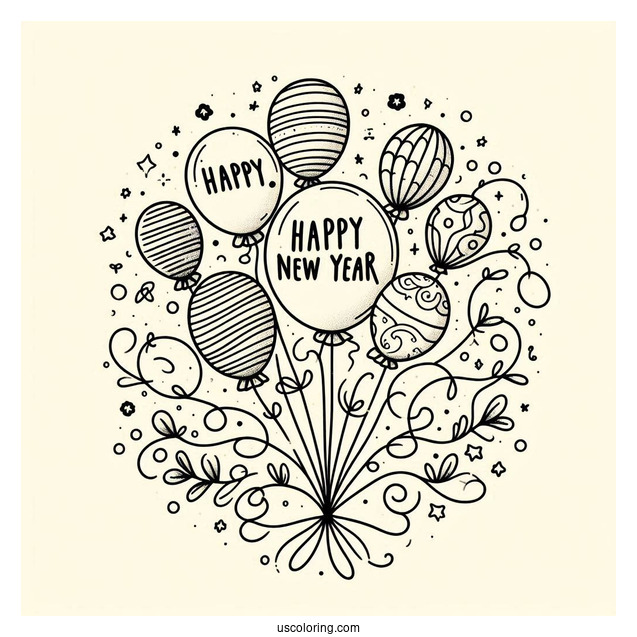 Balloons In The Middle Of Happy New Year Coloring Page Of Words For Kids
