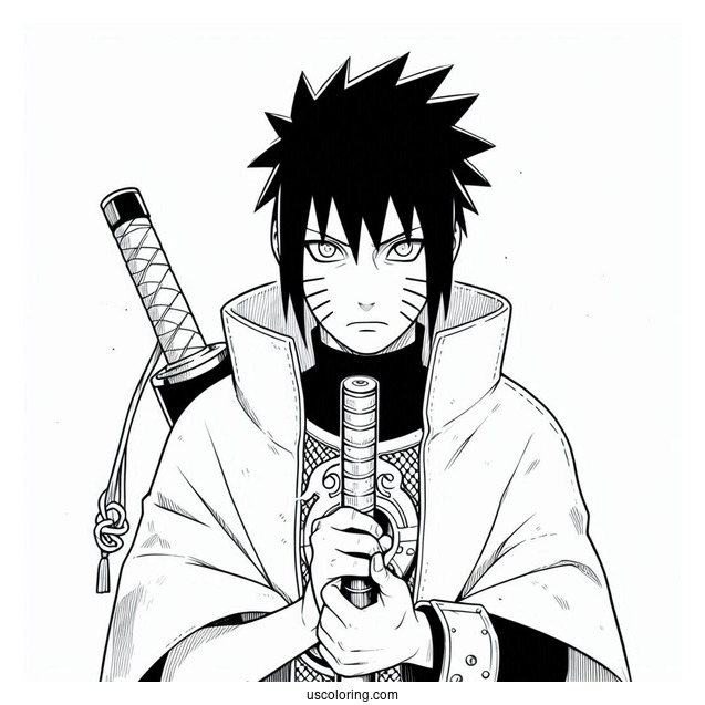 Naruto Coloring Page of Uchiha Sasuke Holding The Kusanagi