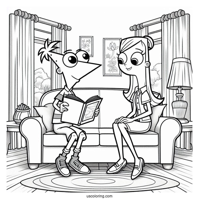 Phineas And Ferb Coloring Page And Candace Sitting In The Living Room