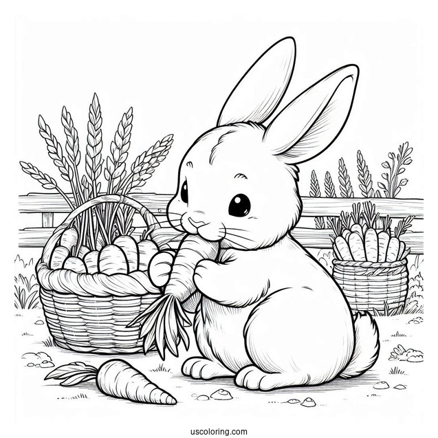 Rabbit Coloring Page Chewing On Carrots While Harvesting In A Farm