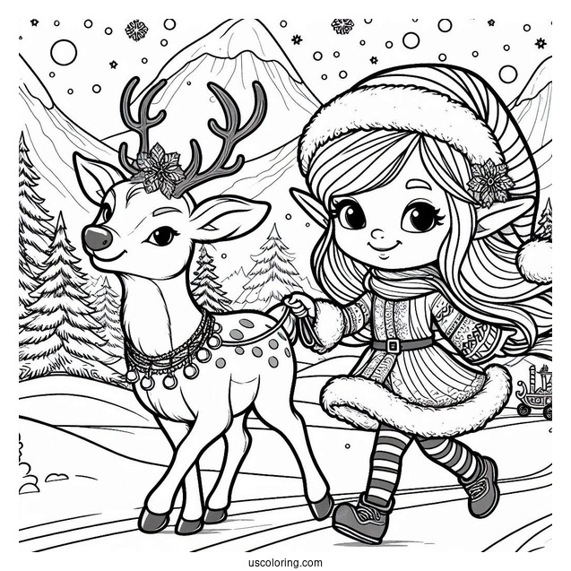 Elf Leading A Reindeer In The North Pole Coloring Page For Kids