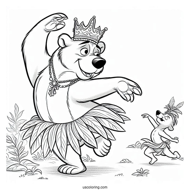Jungle Book Coloring Page Of Baloo In Leaf Skirt Dancing With King Louie