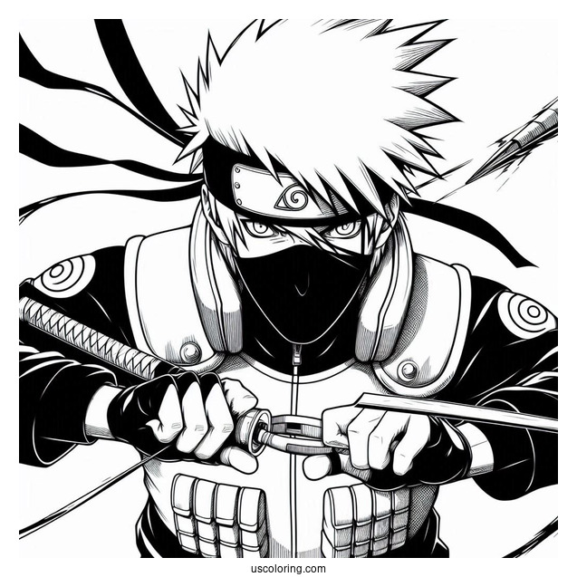 Kakashi Coloring Page Using Kunai And Chidori In Battle
