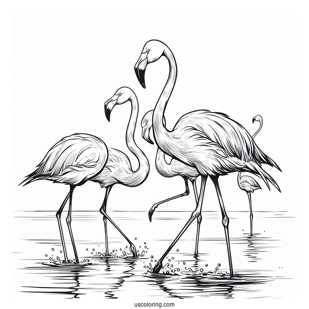 Flock Of Flamingos Walking In Water