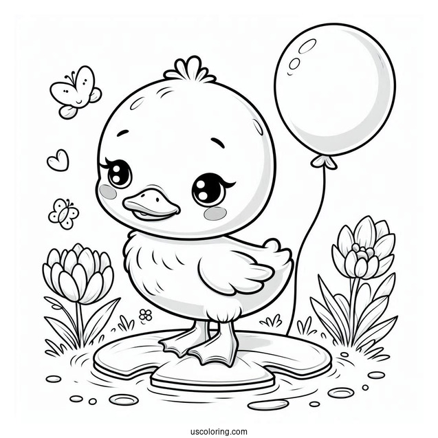 Adorable Duck With Balloon Standing On Lily Pad Coloring Sheet For Preschoolers