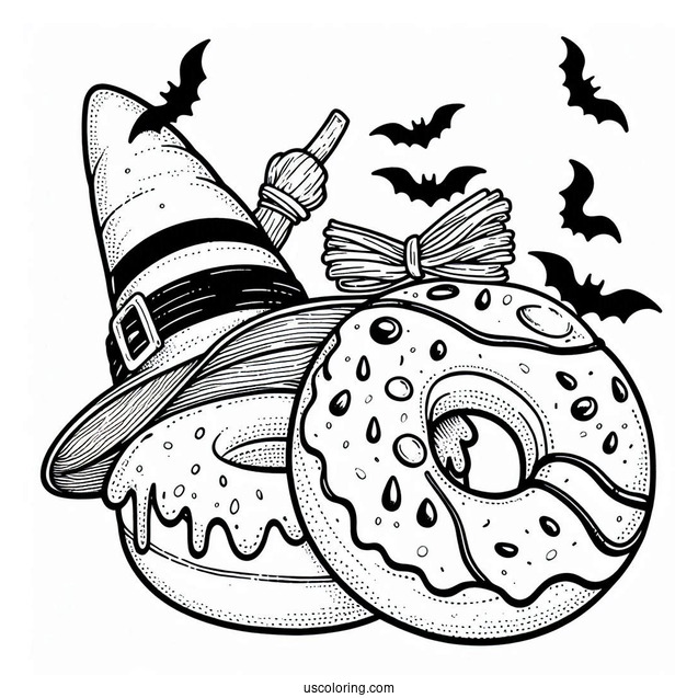 Donut Coloring Page Wearing A Witch's Hat On Halloween