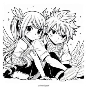 Manga Coloring Page Of Cute Fairy Tail Natsu And Lucy Cuddling